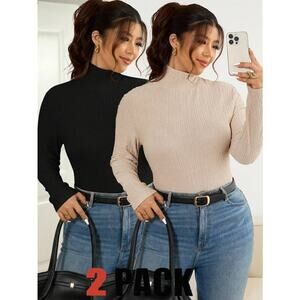 SHEIN 2XL Turtleneck Top Bundle 3 Pieces White & Black Stripes, Tan, Black